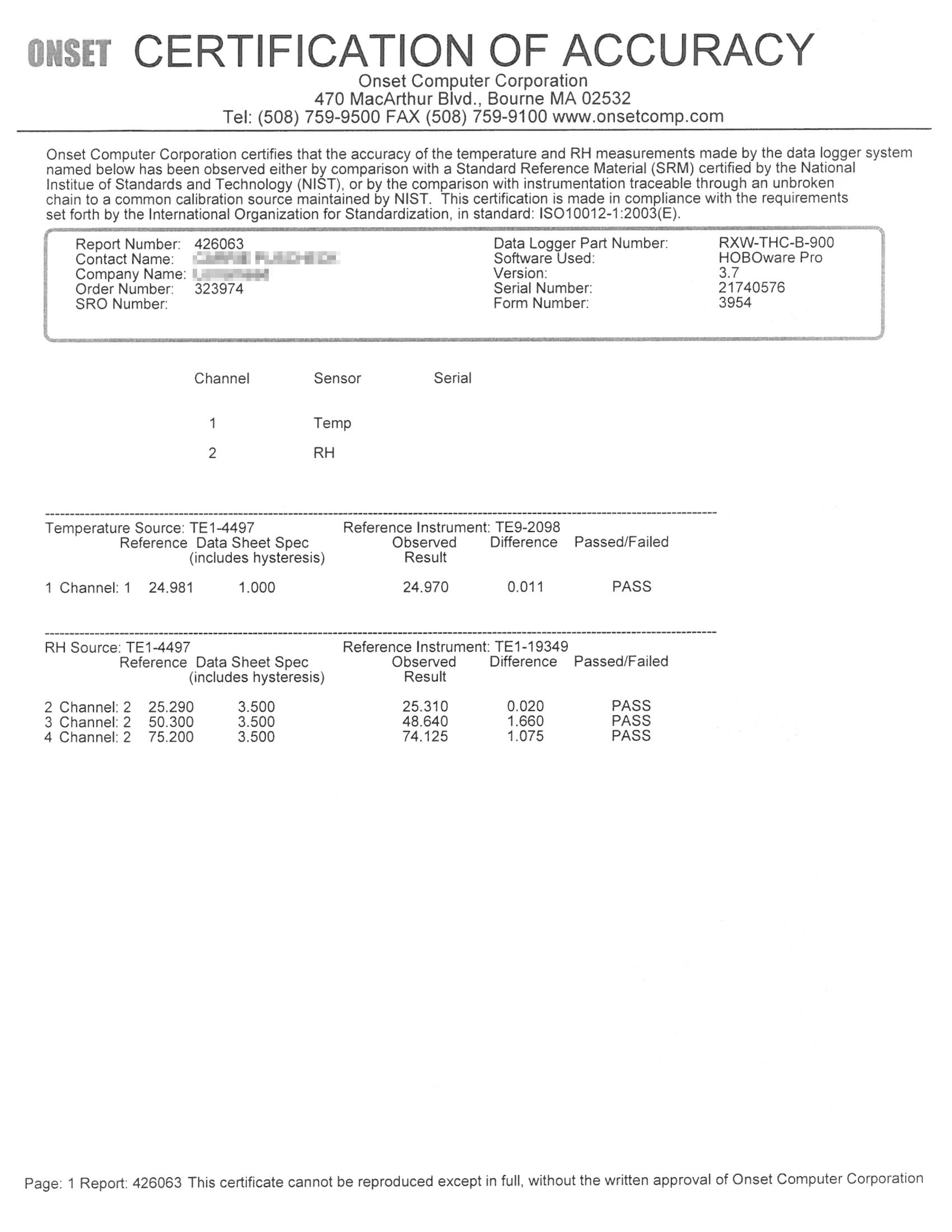 Initial Purchase RH NIST Calibration Service Certification Onset's
